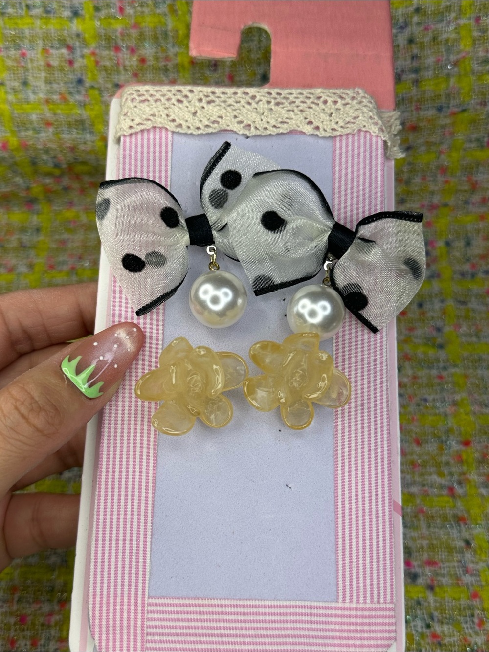 Cute Dot Bow Hair Clips with Pearl Charm - Black & White